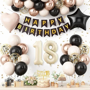 Cream Black Gold Number Balloon Set 18 21 30 Adult Birthday Decorations Banner Star Heart Latex Balloon Kit for Indoor