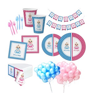 Bulk Blue Pink Paper Tableware Set Cake Forks Cups Plates For Baby Gender Reveal Party With Waterproof Tablecloth