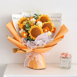 Creative Gifts Handmade Wool Cotton Knit Flower Bouquet Knitted Flower Crochet Flower Birthday Valentines Mothers Day Gifts 2024