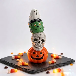 Halloween Stacked Pumpkin Skull Frankenstein Ghost Ceramic Light up Jack O Lantern Decoration
