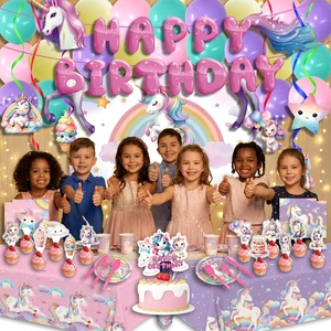 Unicorn Rainbow One-Click Birthday Party Kit 45pcs Complete Set with Banner Balloons Tableware Kids 1st Birthday Supplies