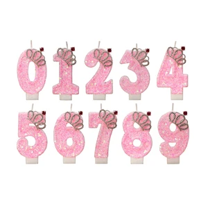 Handmade Paraffin Wax Number Birthday Candles Pink Crown Cake Decor for Parties Halloween New Year Ramadan Celebrations