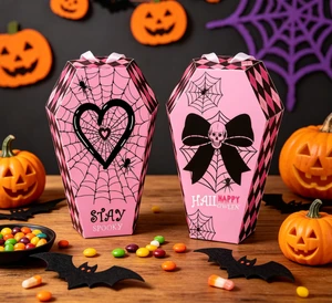 Thick White Cardboard Tombstone Shape Halloween Candy Box Spooky Skull Print for Kids Trick or Treat Sweet Toy Goodie Packing