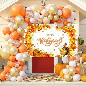 Happy Thanksgiving Party Supplies with Orange Balloon Garland Arch Kit Tablecloth for Thanksgiving Day Decoration