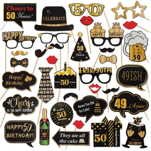 Black Gold Funny Adult Birthday Decorative 50th Photo Booth Props Kit for 30 50 Years Old Birthday Party Photo Supplies