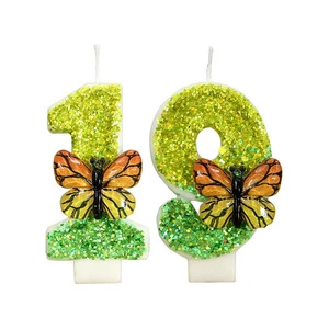 Custom Glitter Butterfly Themed 0-9 Cake Candles Green Birthday Decorating Supplies for Weddings and Parties New Year occasion
