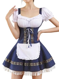 German Beer Festival Waitress Costume - Patchwork Design Elegant A-Line Skirt Outfit for Bar Party & Christmas Celebration