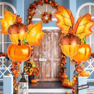 Thanksgiving Themed Aluminum Foil Balloon Set, Pumpkin Maple Leaf Harvest Themed Holiday Party Decoration Supplies