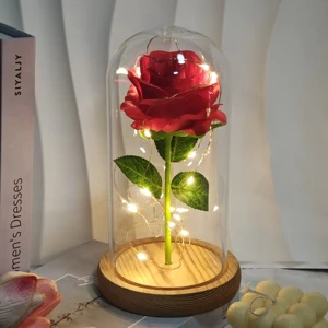Wholesale LED Light Red Rose Flower Artificial Round Rose In Glass Dome Perfect Gift For Mother's Day Weddings For Home Decor