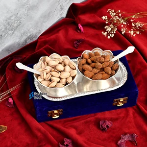 German Royal Luxury Box Set round Silver Brass Bowl with Tray and Spoon Home Decor for Dry Fruit Sweets Made of Durable Metal
