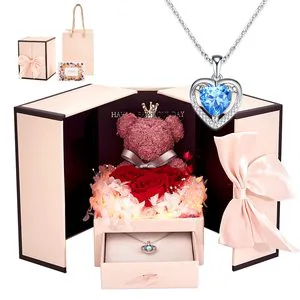 Mother Day Gift 2024 Christmas Valentines Day Eternal Flower Roses Cute Bear and Necklace Preserved Rose Self Care Gift Set