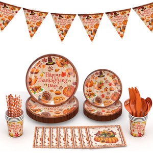 Turkey Maple Dinner Cutlery Contains Plates Napkins Cups Cutlery and Tablecloths for Thanksgiving Party Decorations