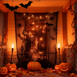 Halloween Decoration Set Fireplace Wall Window Decoration Gauze Spider Mesh Bat Tablecloth With LED Halloween String Light