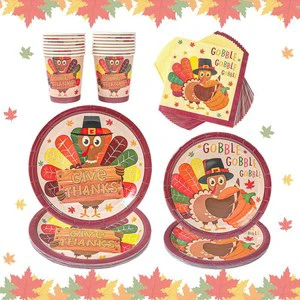 Ychon Thanksgiving Party Tableware Set Pumpkin Turkey Disposable Party Paper Plates Thanksgiving Party Decorations Supplies