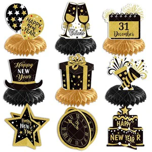 Gold Black Happy New Year Theme Kids Christmas Party Desktop Decoration Set Honeycomb Ornaments 3D Card Honeycomb Table Decor