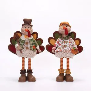 Set of 2 Plush Thanksgiving Turkey Figurines 14 Inch Standing Autumn Tabletop Decor