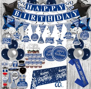 Men Birthday Party Navy Blue Silver Banners Swirls Curtain Plates Tablecloth Cupcake Toppers Balloons Photo Props Sash Supplies