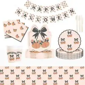 DAMAI Thanksgiving Party Paper Plate and Napkins Fall Tableware Kit Disposable Set Thanksgiving Plaid Decorations for 8 Guests