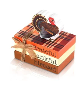 Thanksgiving Decoracion Fall Tiered Tray Decor, 3 Mini Wooden Book Stacks and 1 Wooden Turkey Are Perfect Decorations for Fall