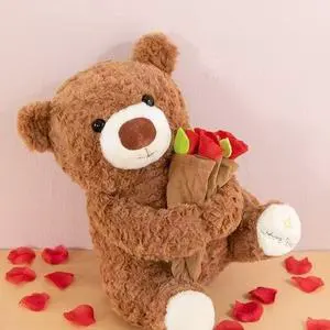 Promotion Stuffed Animals Soft Plush Bear Hold Flower Bouquet for Valentine's Day Gift Birthday Gift Mother's Day Gift