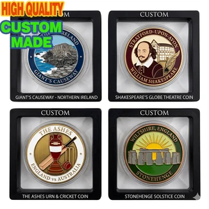 Custom Challenge Coin Metal Commemorative Coins With United Kingdom Shakespeare Stonehenge 3D Floating Frame Box Tokens Vendor