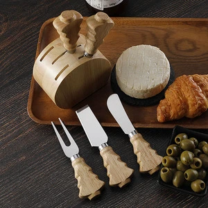Custom Logo 6Pcs Christmas Tree Wood Handle Butter Knives Cheese Spreader Charcuterie Board Accessories With Holder