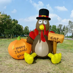 5 FT Thanksgiving Inflatables Turkey Decoration with Pilgrim Hat & Colorful Tail LED for Holiday Party Yard Turkey Inflatable