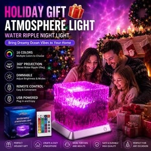 Holiday Atmosphere16 Color Changeable Ocean Wave Projector Rotating Water Ripple Lamp USB Rechargeable Square Aurora Cube Home