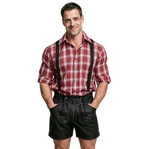 Men Red Plaid Shirt Black Suspender Lederhosen Set German Bavarian Oktoberfest Beer Festival Costume Adult Party Cosplay Outfit