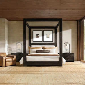 RH DAVOS OAK FABRIC CANOPY BED King Size Four Poster Bed Solid Wood Frame White Upholstered Headboard Traditional Wall Bed