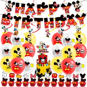 Happy Birthday Theme Party Kit Cartoon Mouse Cupcake Topper Happy Birthday Banner Balloon Combination Party Supplies for Boys