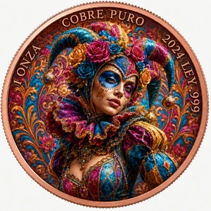 2024 Ley .999 Pure Copper Round 1 Onza Venetian Harlequin Carnival Mask Lady Mexican Day Dead 3D Badge Casting