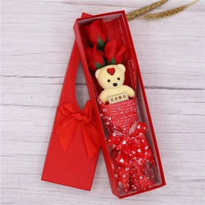 TC Custom Valentines Day Mothers Day Thanksgiving Gift Plush Bear and 3 Roses Soap Flowers Set Artificial Flower Gift Box
