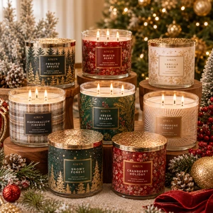 AIKUN Seasonal Holiday Gold Foil Soy Wax Three Wick Scented Candle Glass Jar Candle Gift Set For Christmas Wholesale