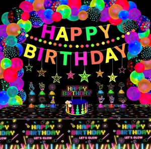 Kids Birthday Party Hanging Banner Stars Dots Garland Fluorescent Glow Non-toxic Balloons Glow Sticks Cupcake Toppers Table
