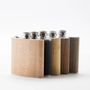Hot Selling 6oz Wood Grain Leather Stainless Steel Wine Pocket Hip Flask For Party