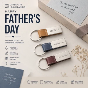 Father's Day Gift Custom Engravable Leather Metal Keychain Zinc Alloy Plated Polished Metal Personalized Genuine Leather Keyring