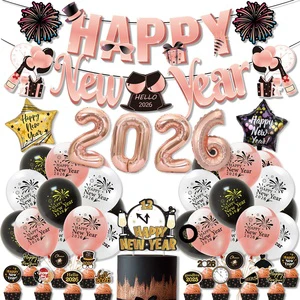 2026 HappyNewYear New Year Theme Party Decoration Set Rose Gold Latex Balloon and Flag Card