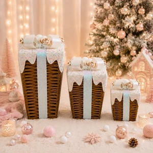 Christmas Hot Sale Items Decoration High Quality New Brown Color Rattan Gift Box Decor Set 3 Piece for Home Xmas Supplier