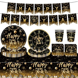 Modern Round Shape New Year Black Gold Themed Party Decorations Kit Paper Cups Tissues Tablecloths Banners Tableware UV Printing