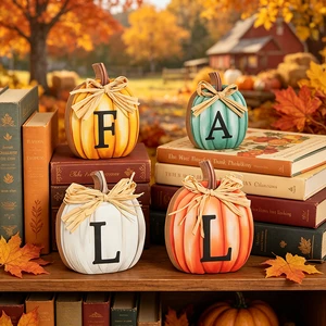 4PCS Fall/Thanksgiving Wooden Pumpkin Centerpiece with Raffia Bows & Letters. for Thanksgiving, Harvest, Halloween, Weddings