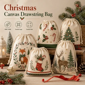 High Quality 100% Cotton Christmas Festive Design Reusable Waterproof Shopping Bag Eco Friendly Canvas Drawstring Bag Gift