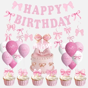 Cartoon Pink Bow Disposable Party Supplies Set Birthday Party Custom Banner and Balloon Children's Birthday Decoration