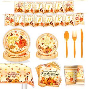 Thanksgiving Turkey Themed Tableware Set Paper Plates Cups Napkins Balloons Banner Bunting Hanging Swirls Thanksgiving Decor