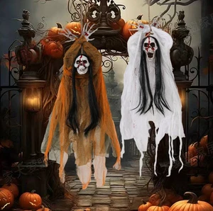New Halloween-themed party decoration and setup items: Ghosts, blood-faced skulls, hanging ghosts, terrifying pranks