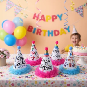 12pcs Kids Birthday Cone Hats Paper Fluffy Trim Pom Pom Custom for Children's Birthday Celebration