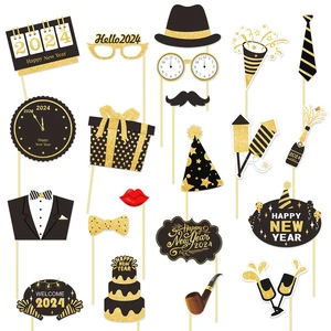 21pcs/set 2024 Happy New Year Photo Props Party Accessories Black Paper Family Holiday Decoration