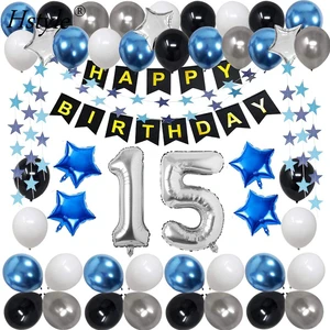 15th Birthday Decorations for Men Women Blue Black Birthday Party Supplies 32'' Foil Balloon 15th and 51st Birthday Party ST857