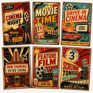 Vintage Retro Metal Sign Cinema Movie Time Tin Sign Rustic Metal Sign Home Theater Cafe Bar Garage Cave Wall Decor Metal Sign