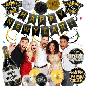 2023 Happy New Year Balloons set Black Gold Party Backdrop Supplies champagne bottle foil balloon decoration